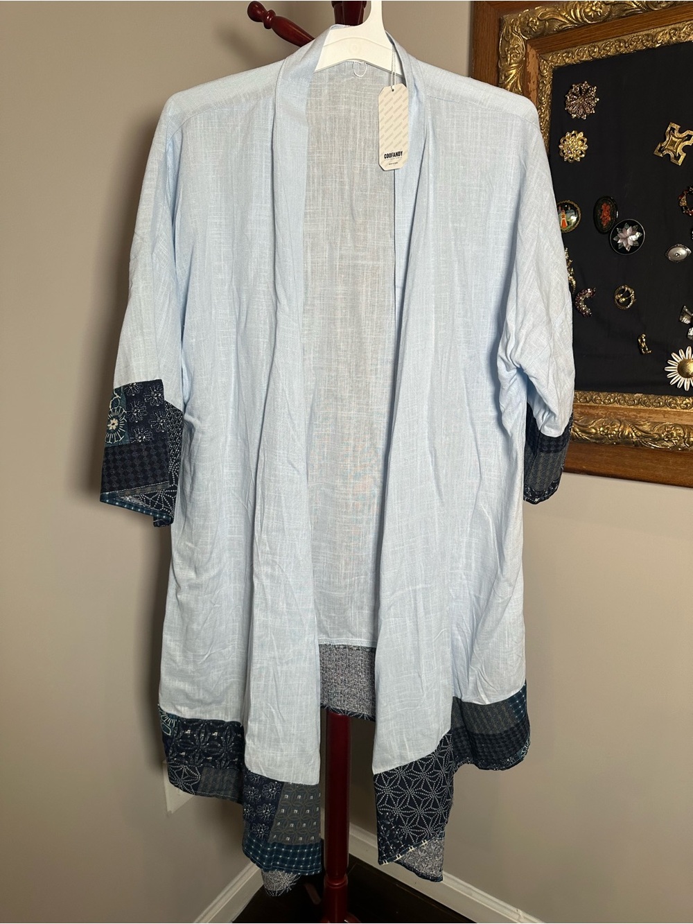 Light Blue Textured Open Kimono with Navy Patchwork Trim